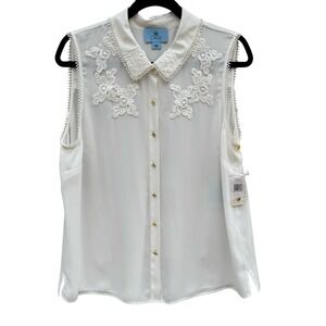 CeCe Coquette Romantic Feminine Cottagecore Sleeveless Lace Blouse Cream‎ L NEW